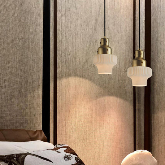 Modernist Gold Hanging Light Fixture with White Glass Jar - 1 Head Pendant for Bedroom