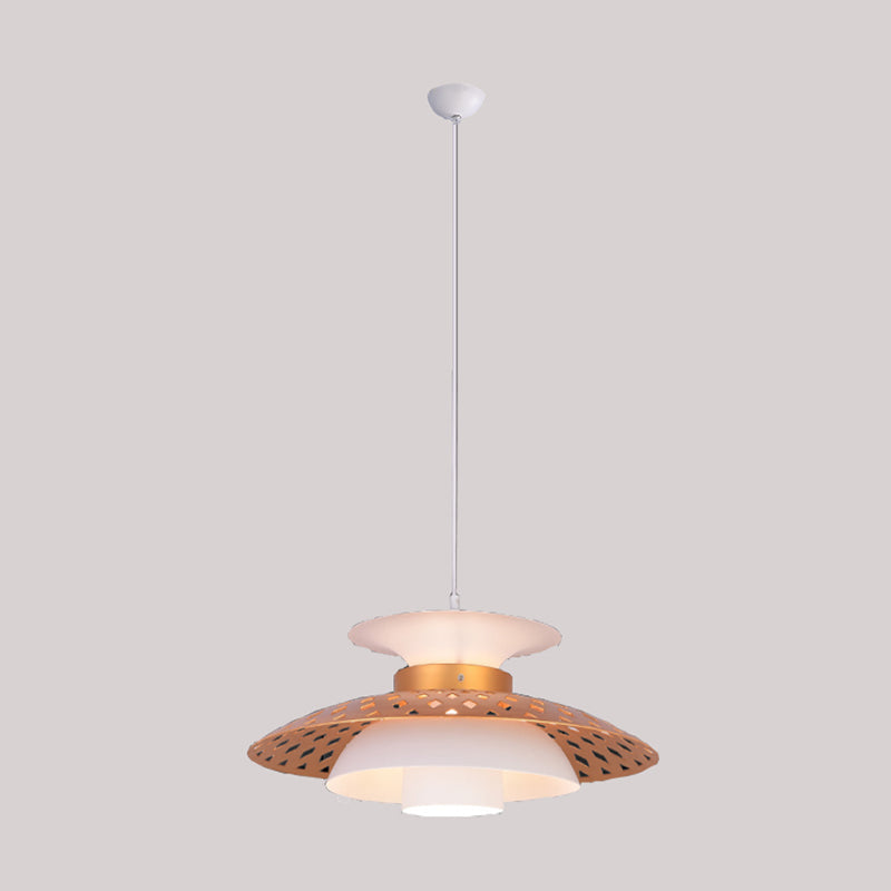 Contemporary White and Gold Metal Pendant Light - Domed Hanging Lamp with 1 Bulb