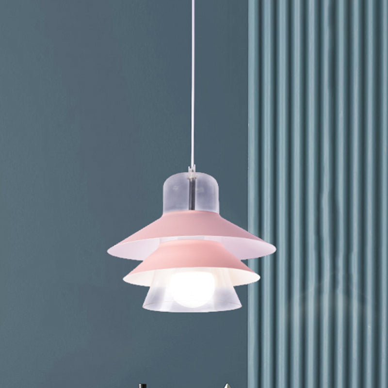 Modernist Metal Pendant Light Fixture with Wide Flare in Pink - 1 Bulb Hanging Design
