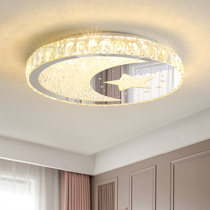 LED Nickle Flush Mount Ceiling Light with Crystal Block Shade in Warm/White Glow - Minimalist Bedroom Fixture