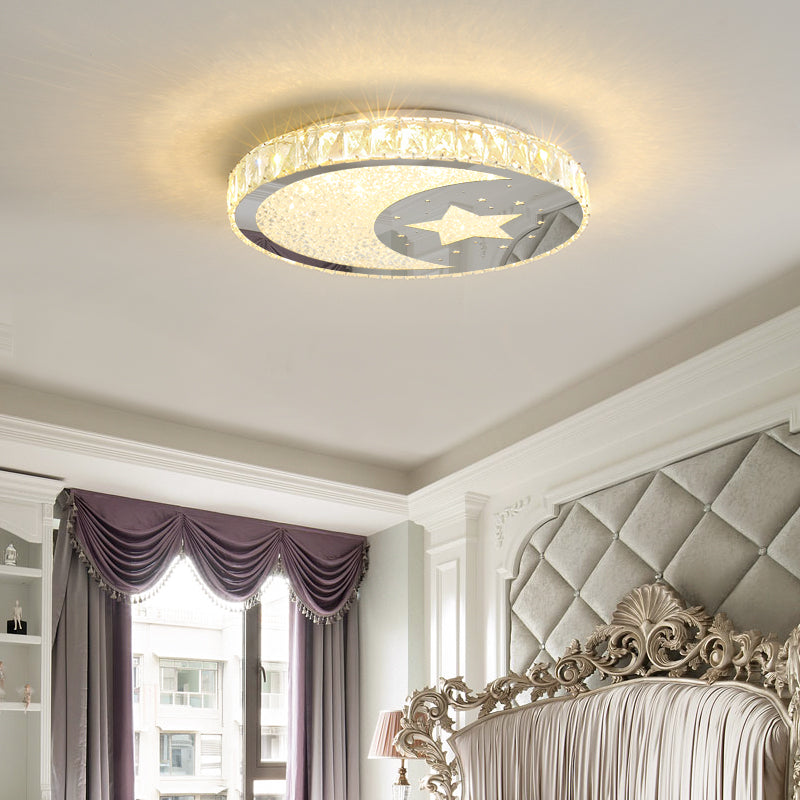 LED Nickle Flush Mount Ceiling Light with Crystal Block Shade in Warm/White Glow - Minimalist Bedroom Fixture