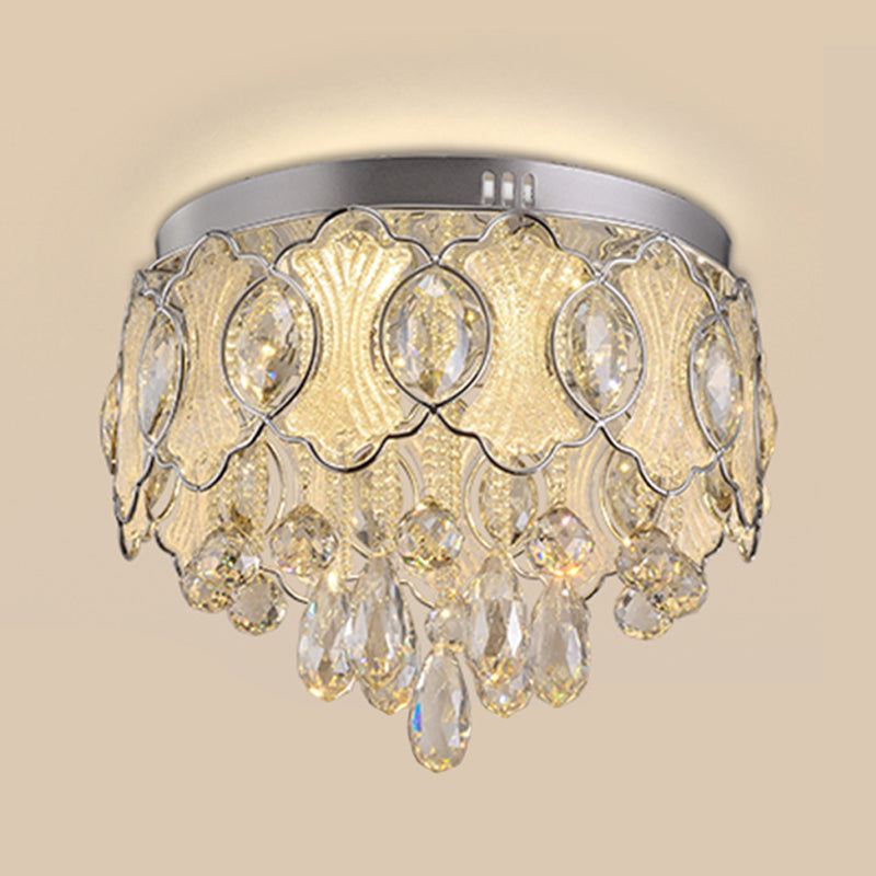 Vintage LED Flush Mount Crystal Ceiling Light for Restaurants - Nickel Drum Design