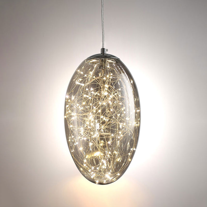 Suspension LED ovale contemporaine en verre gris fumé/ambre pour salon