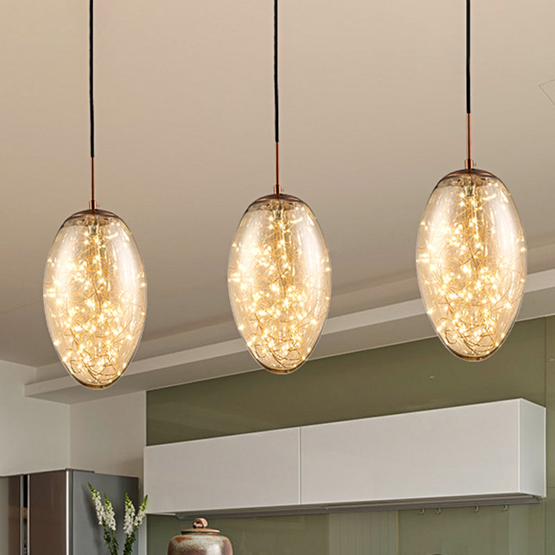 Suspension LED ovale contemporaine en verre gris fumé/ambre pour salon