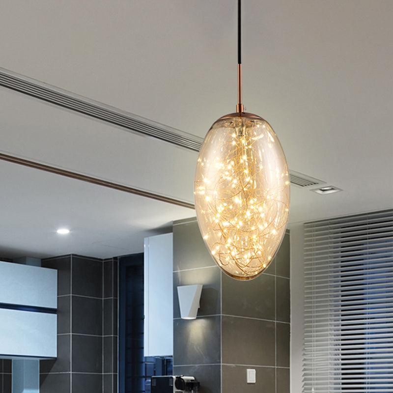 Suspension LED ovale contemporaine en verre gris fumé/ambre pour salon