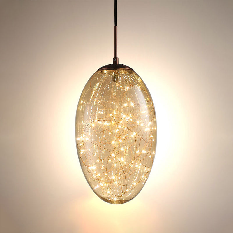 Suspension LED ovale contemporaine en verre gris fumé/ambre pour salon