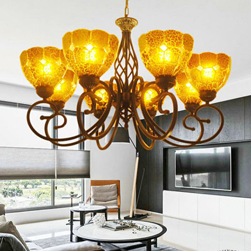 Lustre en verre craquelé à bras incurvés de style Tiffany - 8 lumières - Lampe à suspension dorée