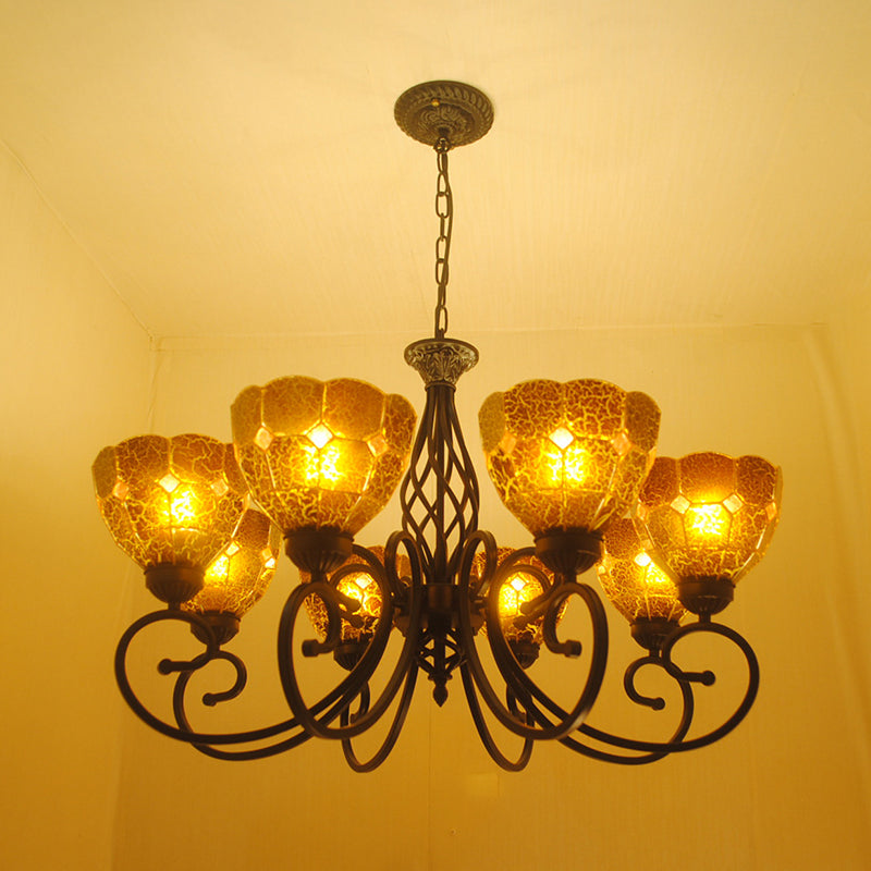 Lustre en verre craquelé à bras incurvés de style Tiffany - 8 lumières - Lampe à suspension dorée