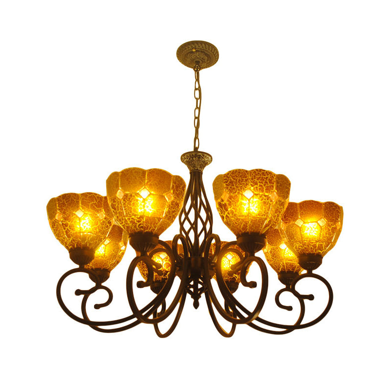 Lustre en verre craquelé à bras incurvés de style Tiffany - 8 lumières - Lampe à suspension dorée