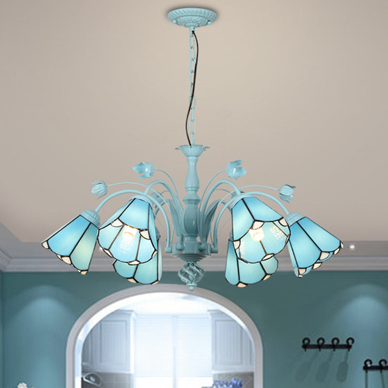 Lustre conique bleu/bleu foncé, lampe suspendue baroque en verre teinté - 3/6/8 lumières pour le salon