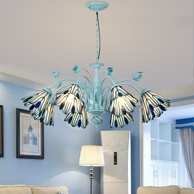 Lustre conique bleu/bleu foncé, lampe suspendue baroque en verre teinté - 3/6/8 lumières pour le salon