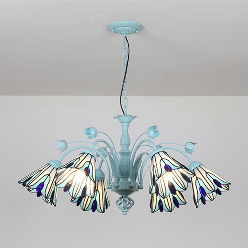 Lustre conique bleu/bleu foncé, lampe suspendue baroque en verre teinté - 3/6/8 lumières pour le salon