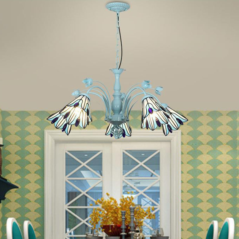 Lustre conique bleu/bleu foncé, lampe suspendue baroque en verre teinté - 3/6/8 lumières pour le salon