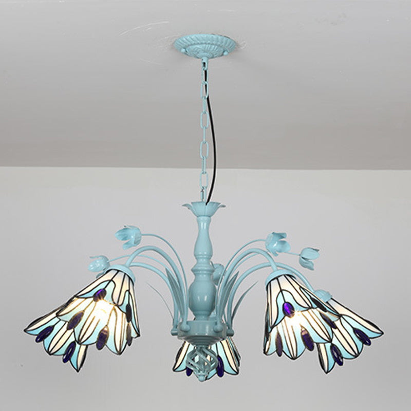 Lustre conique bleu/bleu foncé, lampe suspendue baroque en verre teinté - 3/6/8 lumières pour le salon