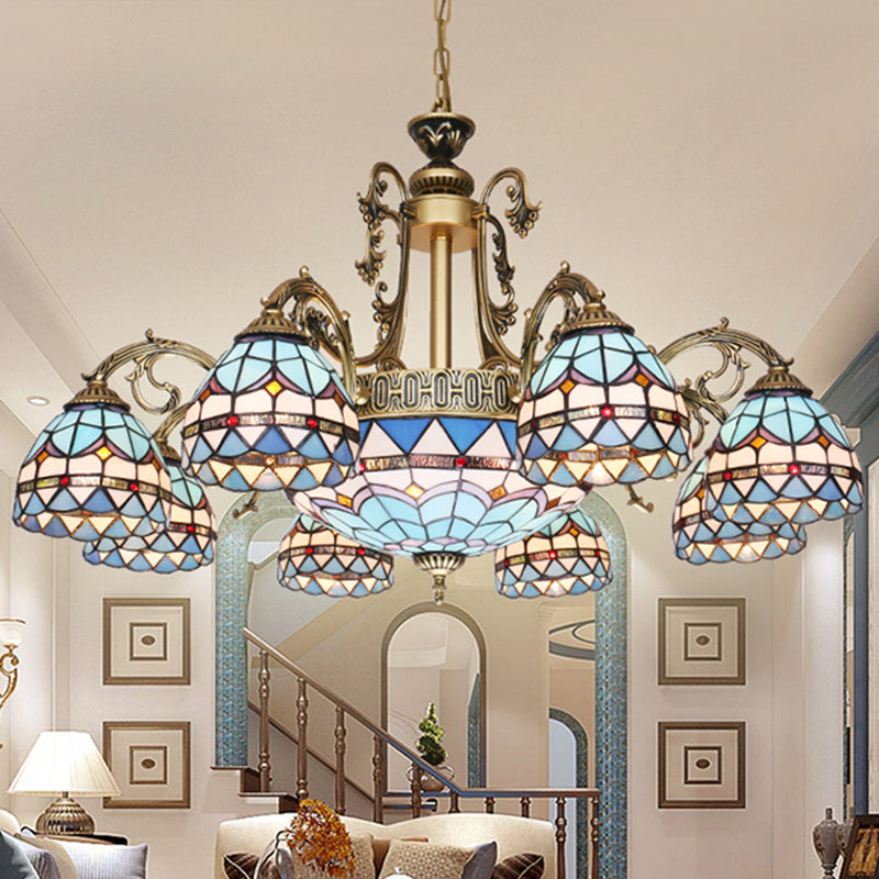 Mediterranean Dome Stained Glass Hanging Lamp in Blue - 9/11 Lights Chandelier Fixture