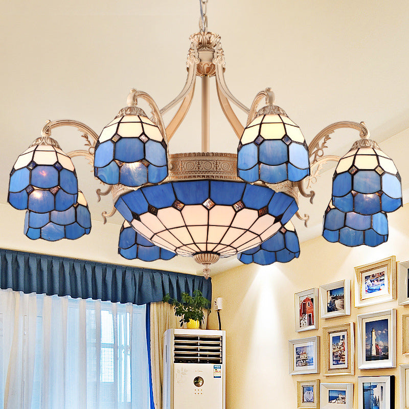 Baroque Style Chandelier with 9/11 Hand-cut Glass Pendant Lights in Yellow/Blue Grid Pattern for Bedroom