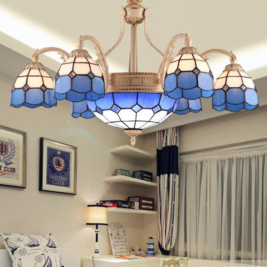 Baroque Style Chandelier with 9/11 Hand-cut Glass Pendant Lights in Yellow/Blue Grid Pattern for Bedroom