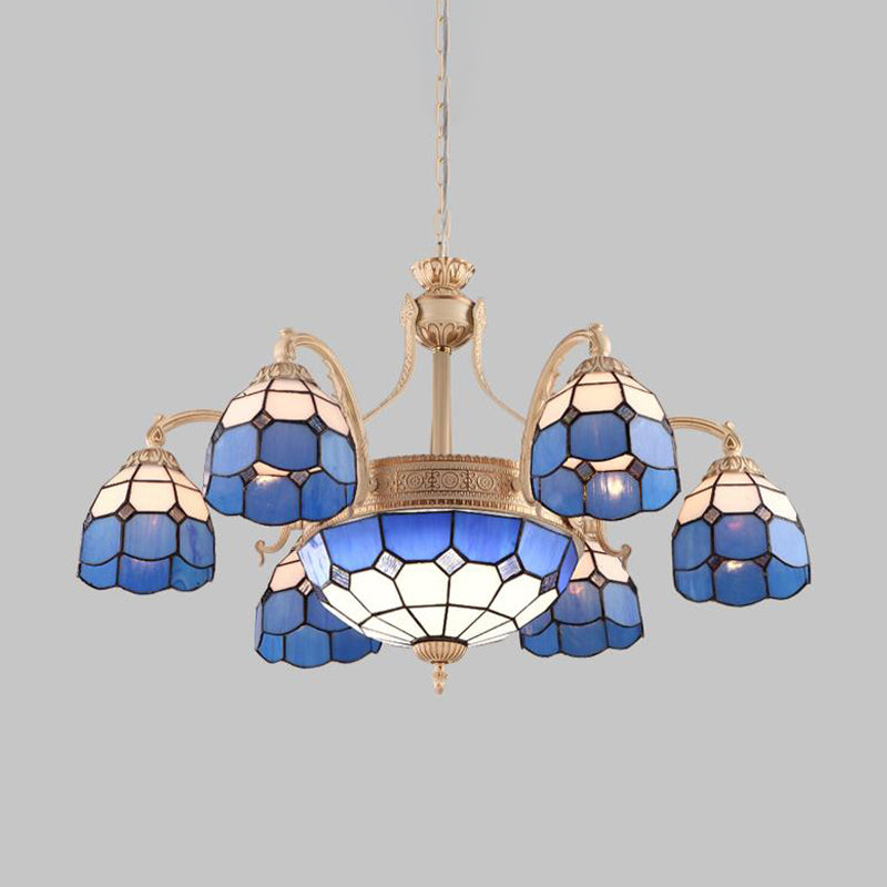 Grid Patterned Chandelier Lighting In Yellow/Blue - Baroque Style With Hand Cut Glass Pendant Lamp