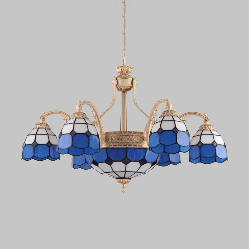 Baroque Style Chandelier with 9/11 Hand-cut Glass Pendant Lights in Yellow/Blue Grid Pattern for Bedroom
