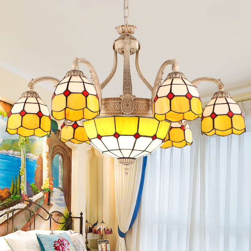 Baroque Style Chandelier with 9/11 Hand-cut Glass Pendant Lights in Yellow/Blue Grid Pattern for Bedroom