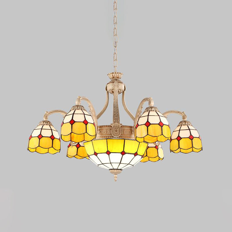 Grid Patterned Chandelier Lighting In Yellow/Blue - Baroque Style With Hand Cut Glass Pendant Lamp