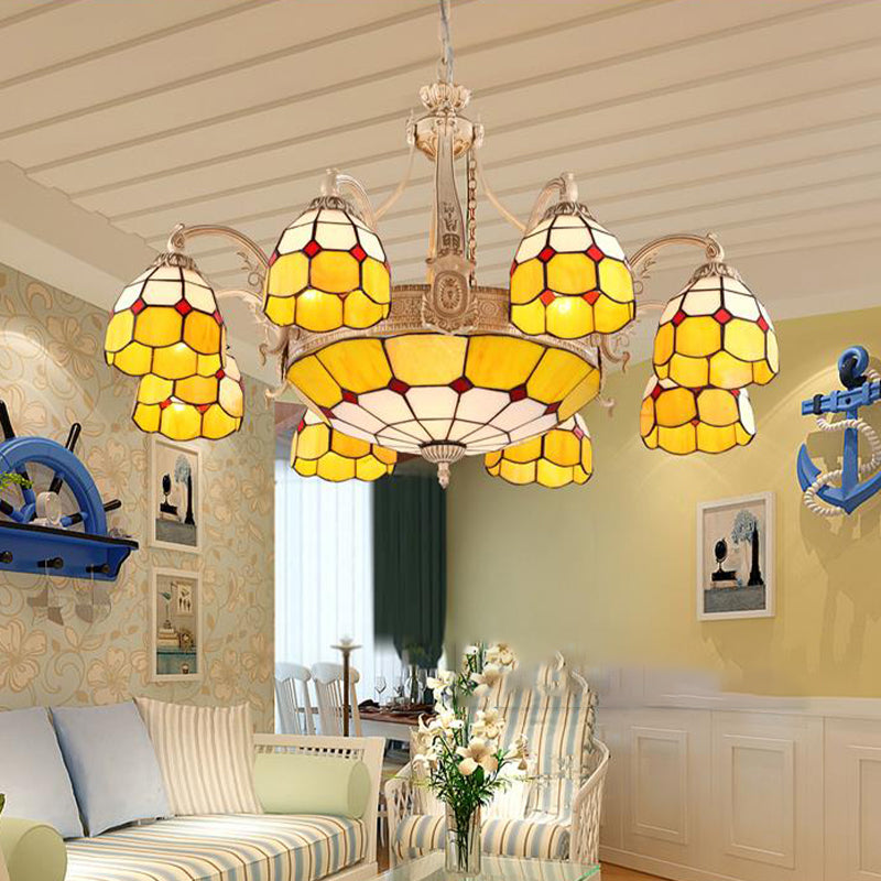 Grid Patterned Chandelier Lighting In Yellow/Blue - Baroque Style With Hand Cut Glass Pendant Lamp