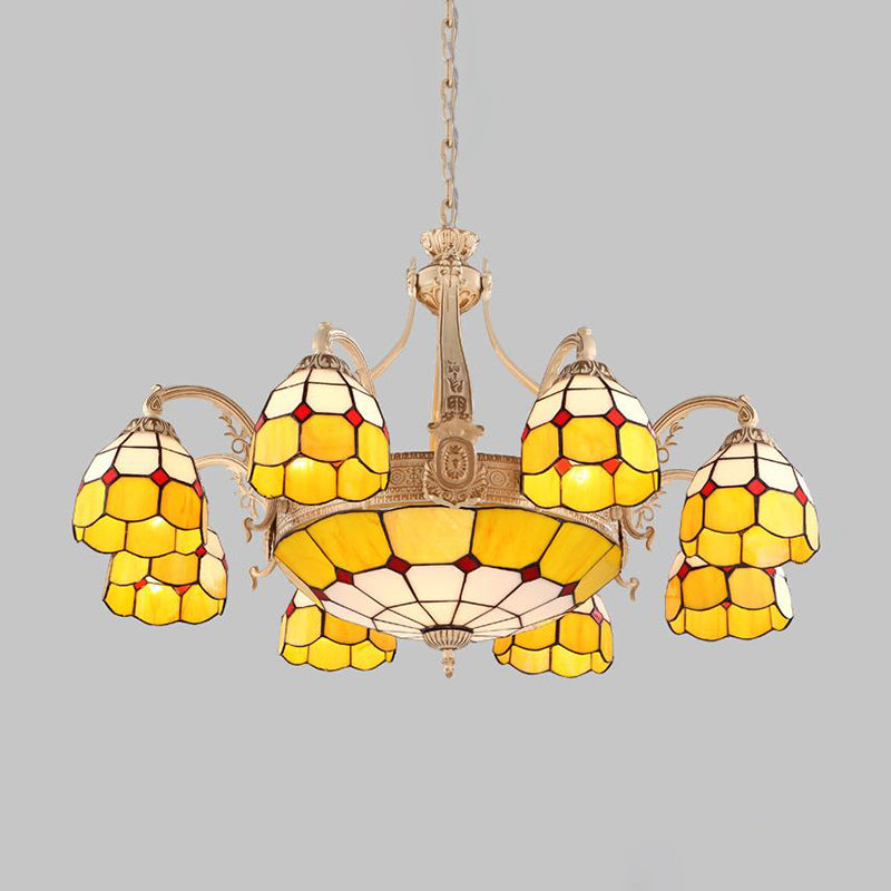 Baroque Style Chandelier with 9/11 Hand-cut Glass Pendant Lights in Yellow/Blue Grid Pattern for Bedroom