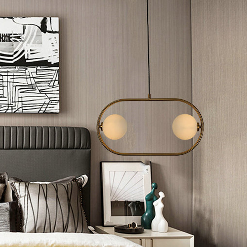 Lustre suspendu moderne en forme de globe doré avec verre dépoli, 2 ampoules – Lampe suspendue LED pour chambre à coucher