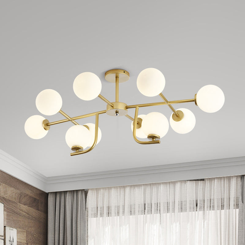 Plafonnier semi-encastré rond doré moderniste avec 10 ampoules et verre blanc