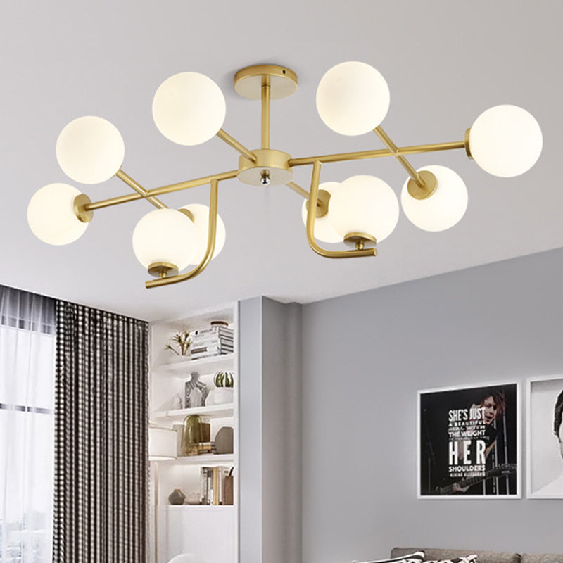Plafonnier semi-encastré rond doré moderniste avec 10 ampoules et verre blanc