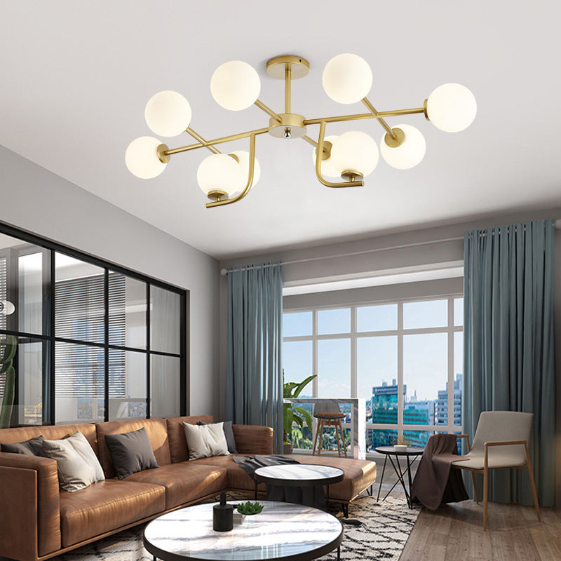 Plafonnier semi-encastré rond doré moderniste avec 10 ampoules et verre blanc