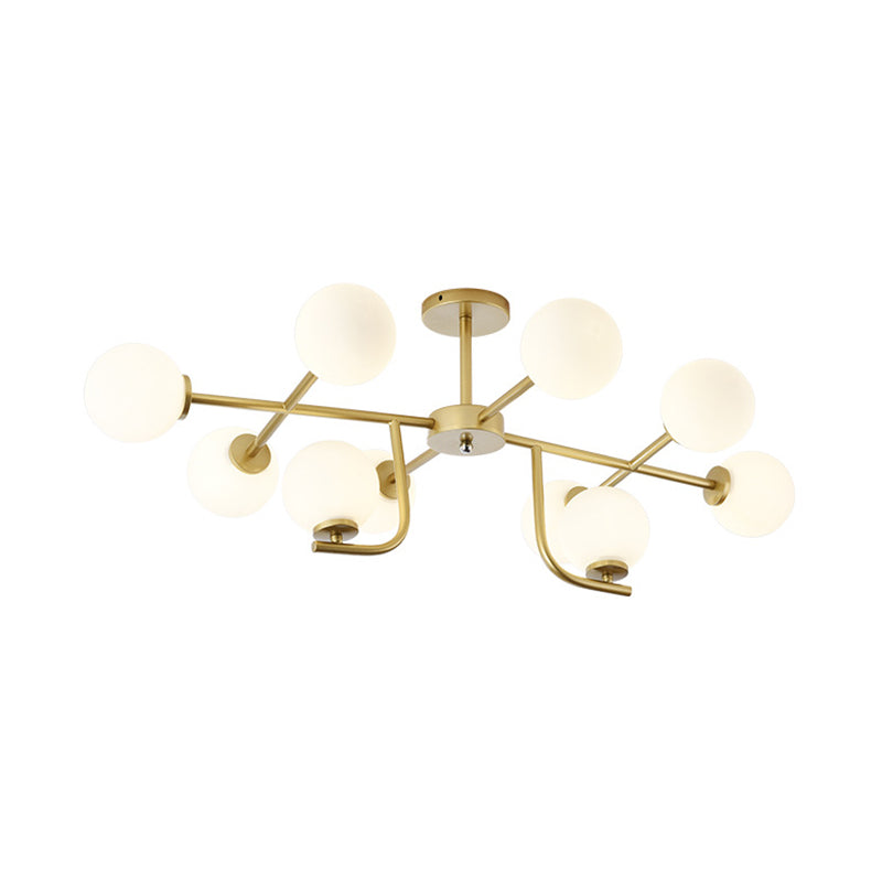 Plafonnier semi-encastré rond doré moderniste avec 10 ampoules et verre blanc