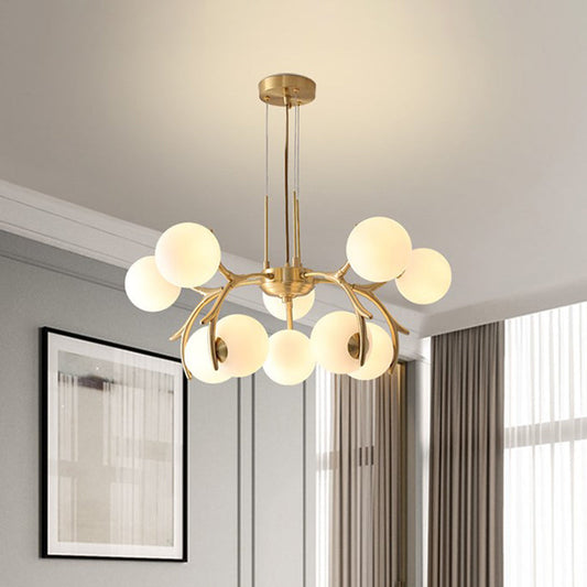 Lustre suspendu moderne à 10 têtes en verre givré opale en or - Luminaire suspendu rond