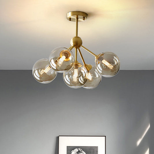 Lustre suspendu moderne en laiton avec 5 abat-jours en verre ambré - Kit d'éclairage suspendu pour salle à manger