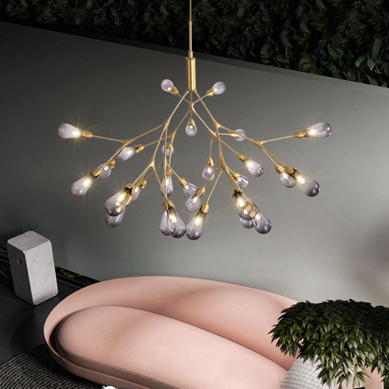 Lustre en forme de larme en verre gris fumé - Suspension contemporaine à 27 têtes pour plafond de salon