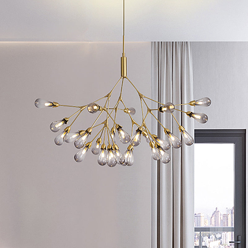 Lustre en forme de larme en verre gris fumé - Suspension contemporaine à 27 têtes pour plafond de salon