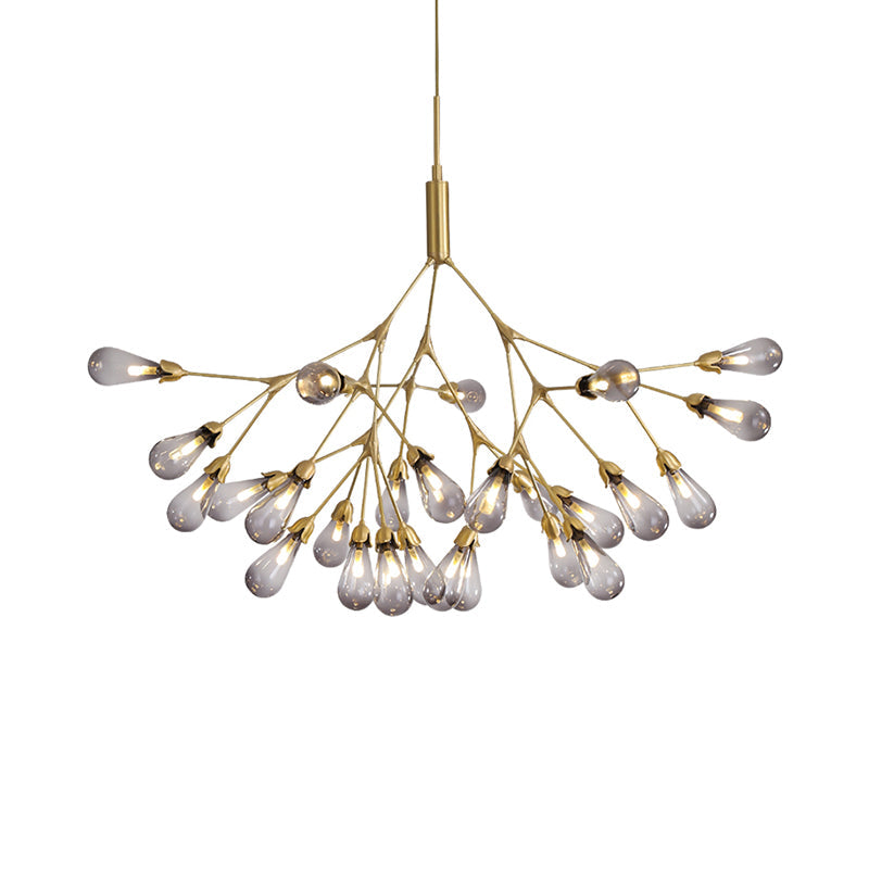 Lustre en forme de larme en verre gris fumé - Suspension contemporaine à 27 têtes pour plafond de salon