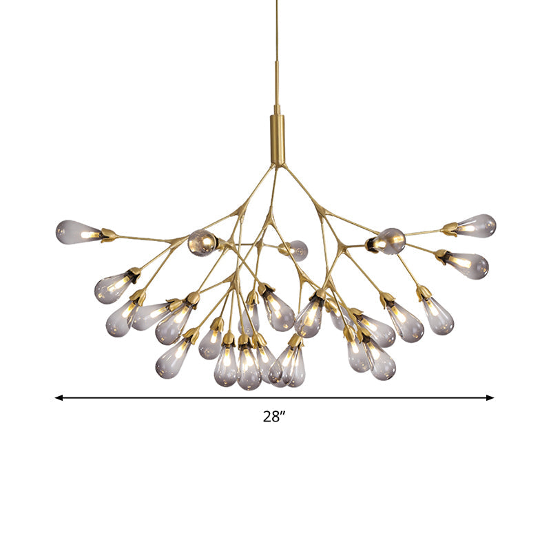 Lustre en forme de larme en verre gris fumé - Suspension contemporaine à 27 têtes pour plafond de salon