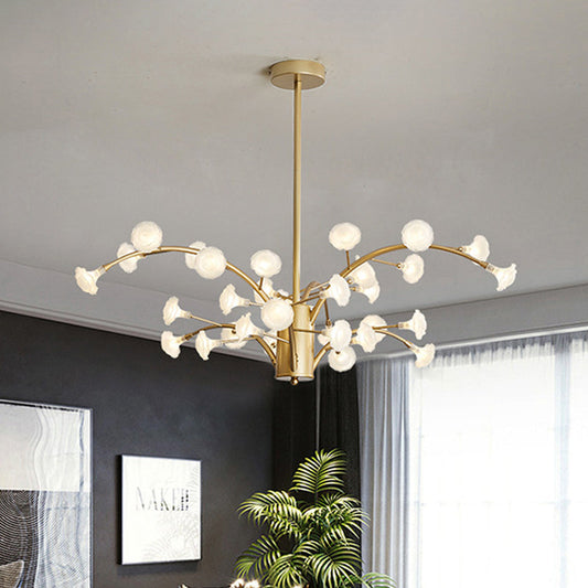 Lustre à fleurs moderne : luminaire suspendu en verre dépoli à 33 ampoules en or