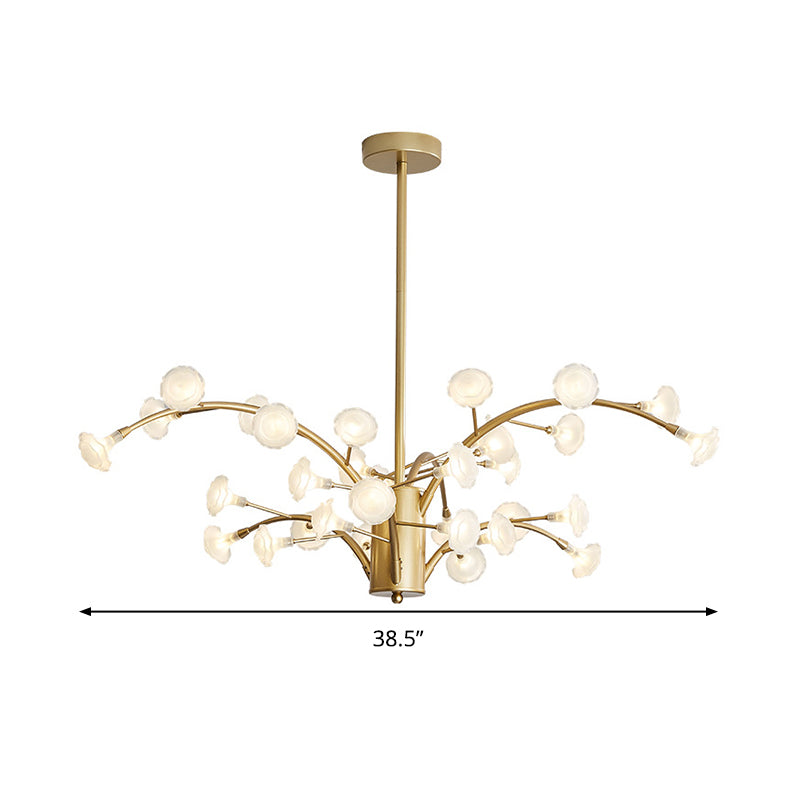 Lustre à fleurs moderne : luminaire suspendu en verre dépoli à 33 ampoules en or