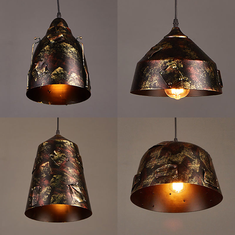 Rustic Tapered Hanging Lamp - Stylish 8.5"/9" Wide Wrought Iron Pendant Light with Patch Design in Rust