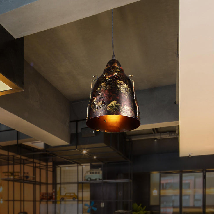 Rustic Tapered Hanging Lamp - Stylish 8.5"/9" Wide Wrought Iron Pendant Light with Patch Design in Rust