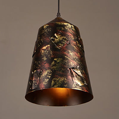 Rustic Tapered Hanging Lamp - Stylish 8.5"/9" Wide Wrought Iron Pendant Light with Patch Design in Rust