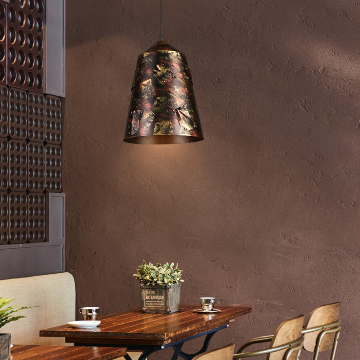 Rustic Tapered Hanging Lamp - Stylish 8.5"/9" Wide Wrought Iron Pendant Light with Patch Design in Rust