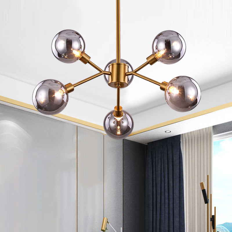 Contemporary Smoke Gray Glass Semi Flush Mount Light Fixture, Brass Finish, 6/8 Bulbs