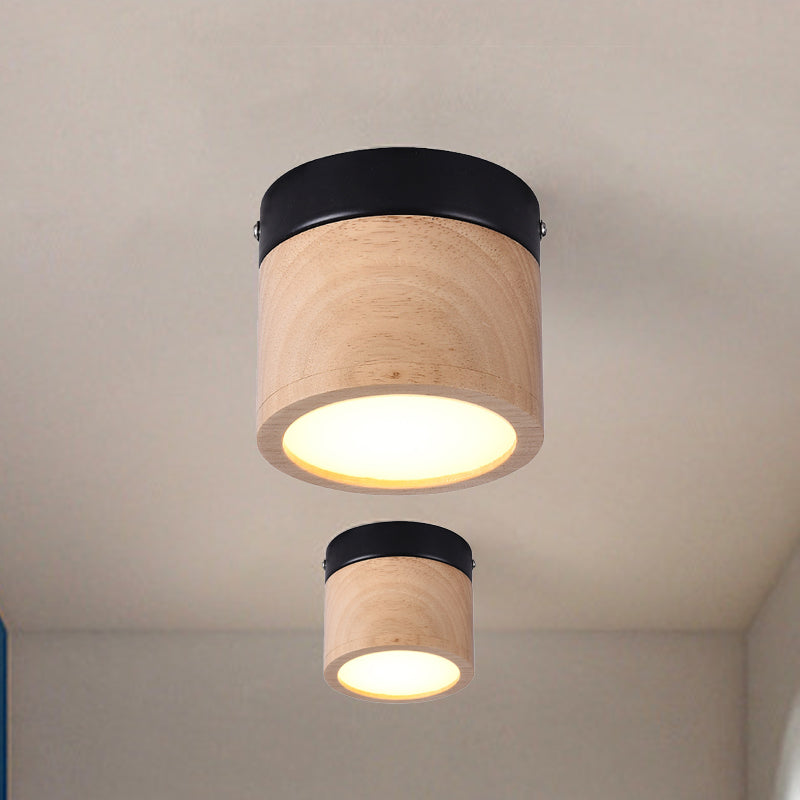 Nordic Style Mini LED Ceiling Lamp - Black and Beige Flush Foyer Light with Wood Shade