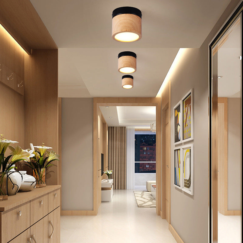 Nordic Style Mini LED Ceiling Lamp - Black and Beige Flush Foyer Light with Wood Shade