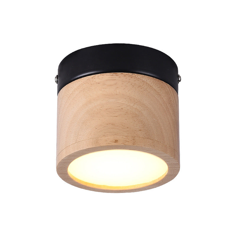 Nordic Style Mini LED Ceiling Lamp - Black and Beige Flush Foyer Light with Wood Shade
