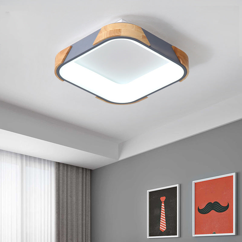 Square Macaron Flush Light Grey/White/Pink Wood Led Ceiling Fixture Warm/White 14/18/24 Wide Grey /