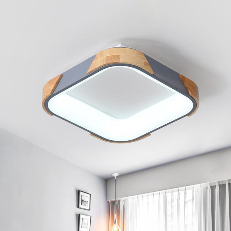 Square Macaron Flush Light Grey/White/Pink Wood LED Ceiling Fixture, Warm/White Light, 14"/18"/24" Wide